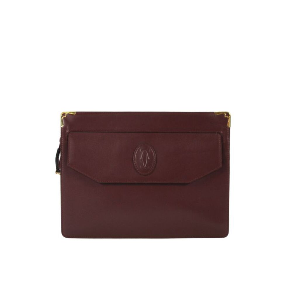 Cartier Womens Leather Zip Front Flap C Logo Portfolio Clutch Handbag Dark Red